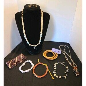 Boho Set Hemp Necklace, Leather Polished Stone Necklace, 10 Bracelet, 1 Earrings